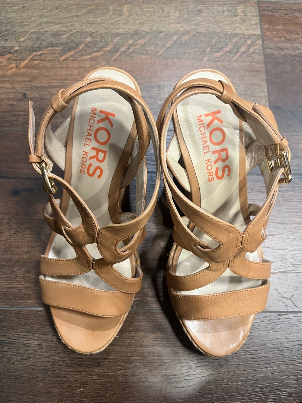 MICHAEL KORS Cognac Leather Strappy Wedge Sandals